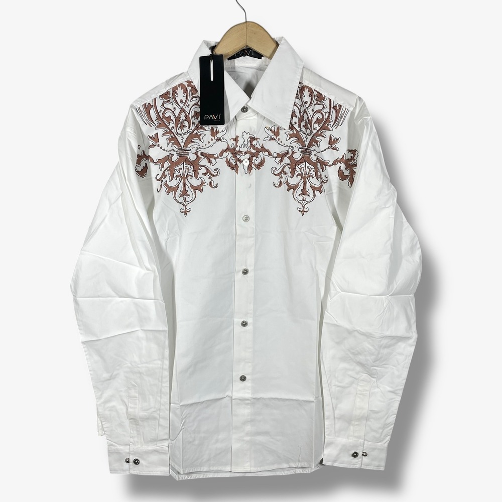 Pavi Italy Button Front Shirt Mens XL White Print Embroidered Designer Luxury
